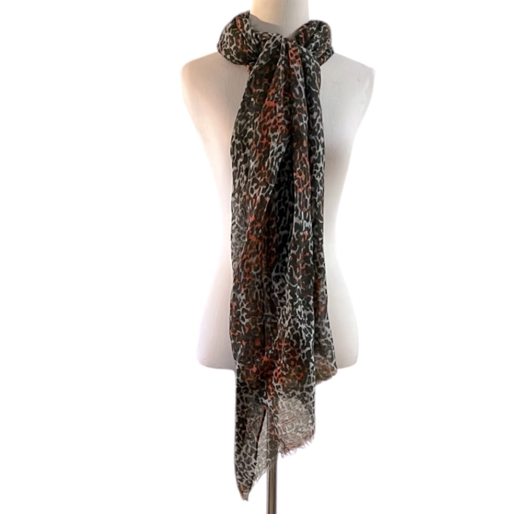 TORINO LARGE LEOPARD PRINT FRINGED SCARF BLACK GRAY RED
